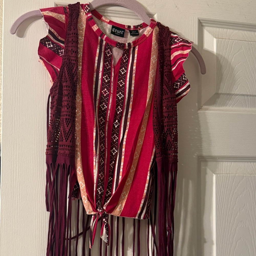Cruel Girl Red and Pink Top with a burgundy fringe vest separate pieces